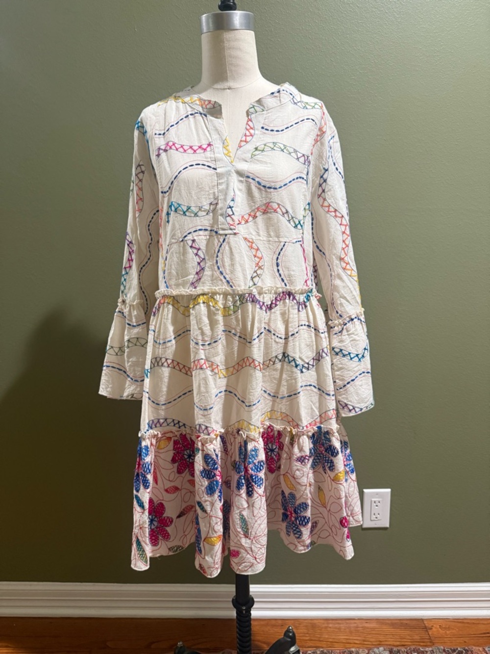 En Creme Cream Long-Sleeve Embroidered Tiered Dress with Multi-Color Accents